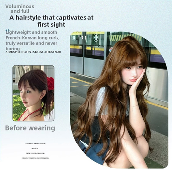 Parochňa na úplnú hlavu s dlhými kučerami a rovnými ofinami, vysokotepelný hodváb, prirodzený vzhľad