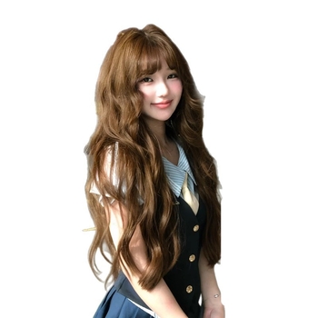 Parochňa na úplnú hlavu s dlhými kučerami a rovnými ofinami, vysokotepelný hodváb, prirodzený vzhľad