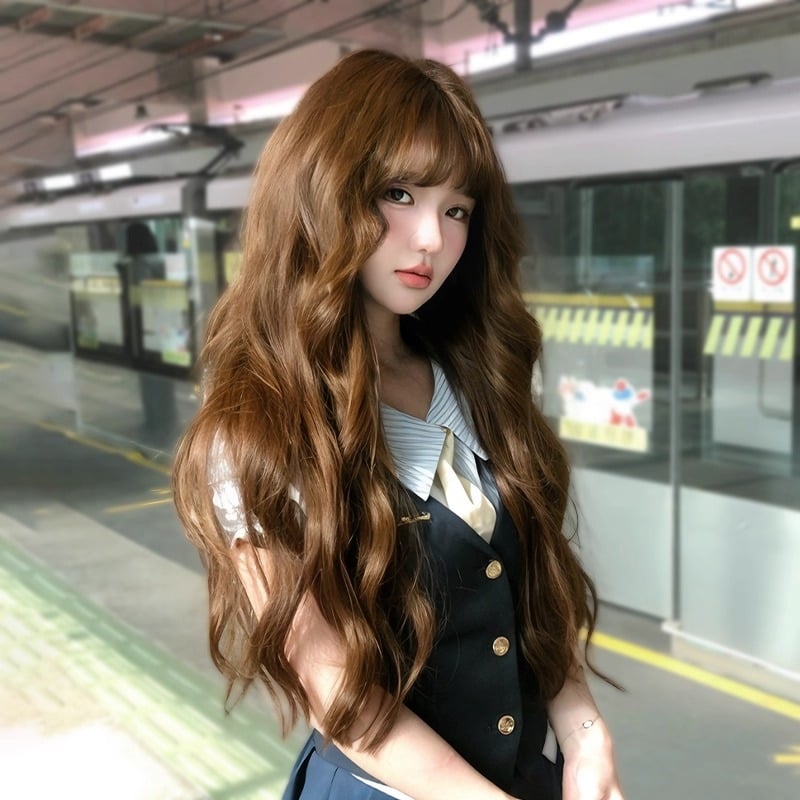 Parochňa na úplnú hlavu s dlhými kučerami a rovnými ofinami, vysokotepelný hodváb, prirodzený vzhľad