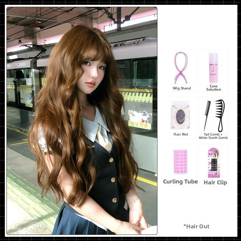 Parochňa na úplnú hlavu s dlhými kučerami a rovnými ofinami, vysokotepelný hodváb, prirodzený vzhľad