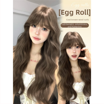 Shu Man Wig – Dlhé kučeravé parochne s rovnou ofinou, textúra vodných vlnení, vajcovité kučery, kompletný set na hlavu, vysokoteplotné hodvábne vlákna, nie je možné farbiť ani chemicky upravovať, prirodzený štýl