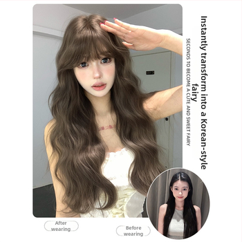 Shu Man Wig – Dlhé kučeravé parochne s rovnou ofinou, textúra vodných vlnení, vajcovité kučery, kompletný set na hlavu, vysokoteplotné hodvábne vlákna, nie je možné farbiť ani chemicky upravovať, prirodzený štýl