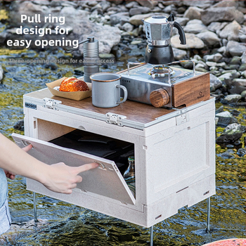 Zložiteľná kempingová úložná skrinka s kolieskami, 50L kapacita, PP + drevená doska, bočné otvorenie, viacúčelový organizér