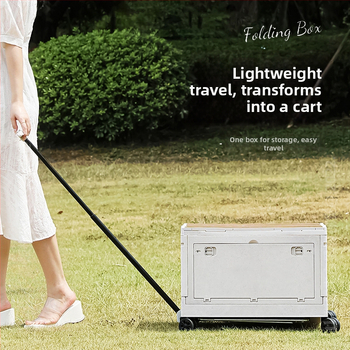 Zložiteľná kempingová úložná skrinka s kolieskami, 50L kapacita, PP + drevená doska, bočné otvorenie, viacúčelový organizér