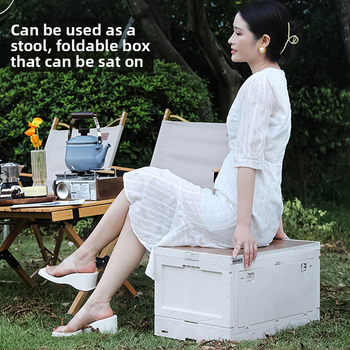 Zložiteľná kempingová úložná skrinka s kolieskami, 50L kapacita, PP + drevená doska, bočné otvorenie, viacúčelový organizér