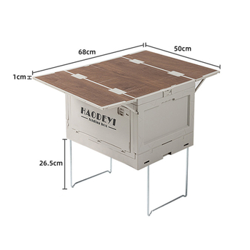 Zložiteľná kempingová úložná skrinka s kolieskami, 50L kapacita, PP + drevená doska, bočné otvorenie, viacúčelový organizér