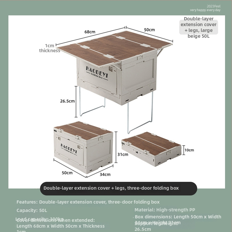 Zložiteľná kempingová úložná skrinka s kolieskami, 50L kapacita, PP + drevená doska, bočné otvorenie, viacúčelový organizér