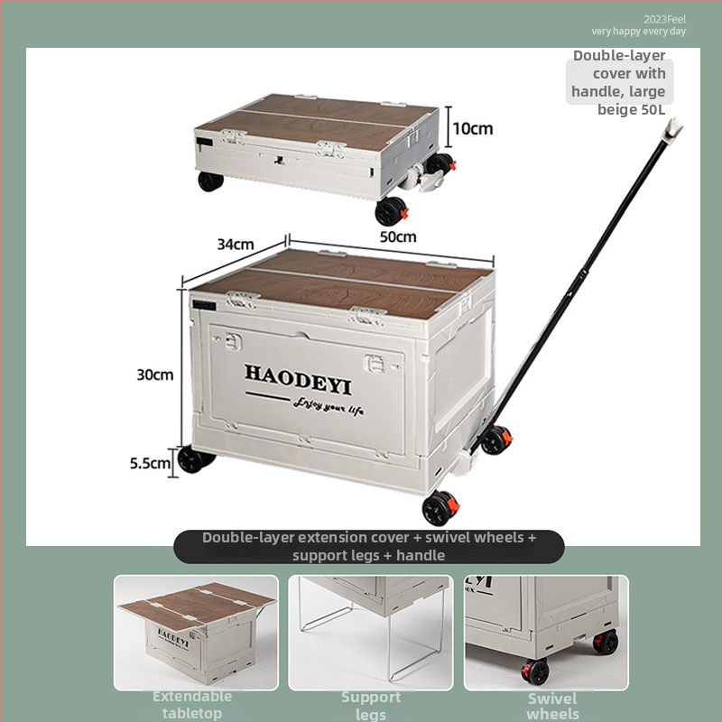 Zložiteľná kempingová úložná skrinka s kolieskami, 50L kapacita, PP + drevená doska, bočné otvorenie, viacúčelový organizér