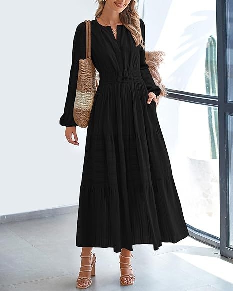 Pamuk haljina s V‑izrezom, dugim rukavima i elastičnim pojasom s vezanjem, slojevito široke siluete