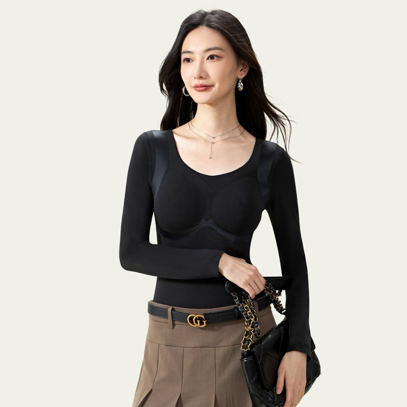 Lyocellové tričko ako základná vrstva s fleecovou podšívkou, dvojvrstvové teplo, U-krk, dlhé rukávy, účinok zoštíhlenia