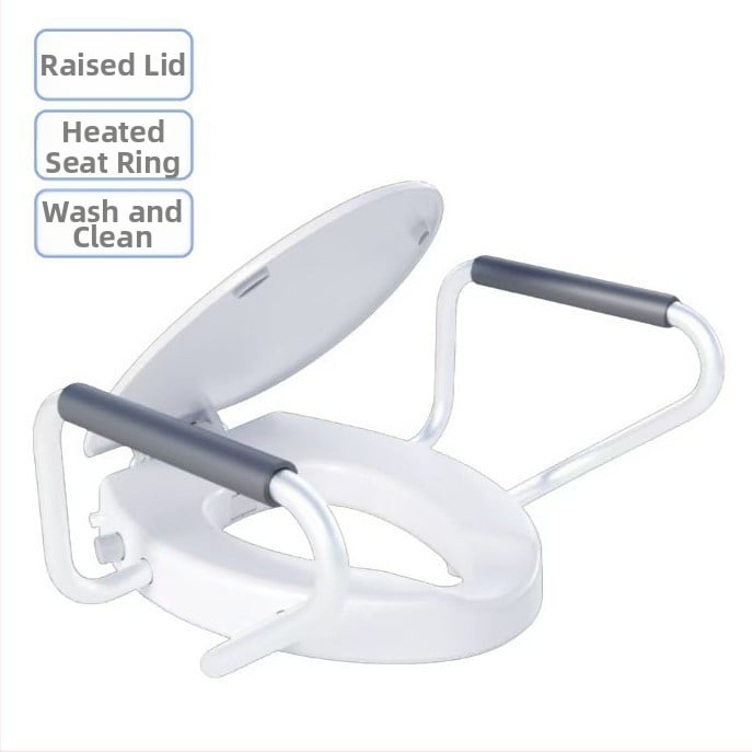 Chytrý veko na toaletu s nastaviteľnou výškou, vyhrievacím pásom a madlom; polstrované sedadlo, PP+ABS materiál, rozstup otvorov 134–186 mm; štýl: štandardný, moderný minimalistický