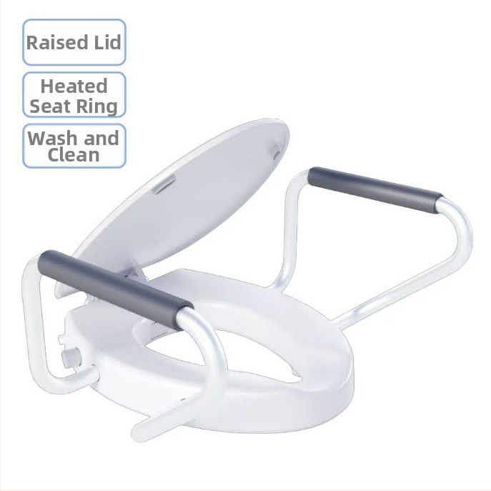 Chytrý veko na toaletu s nastaviteľnou výškou, vyhrievacím pásom a madlom; polstrované sedadlo, PP+ABS materiál, rozstup otvorov 134–186 mm; štýl: štandardný, moderný minimalistický