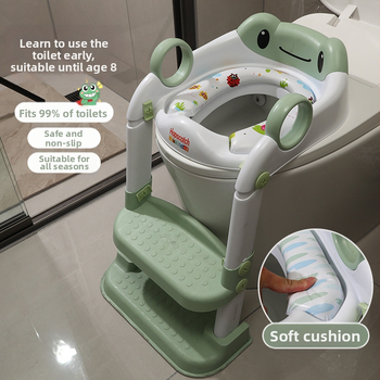 Bērnu tualetes sēdeklis ar kāpņu dizainu, salokāms plaukts un spilventiņa pārklājs (Materiāls: polipropilēns)