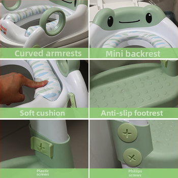 Bērnu tualetes sēdeklis ar kāpņu dizainu, salokāms plaukts un spilventiņa pārklājs (Materiāls: polipropilēns)