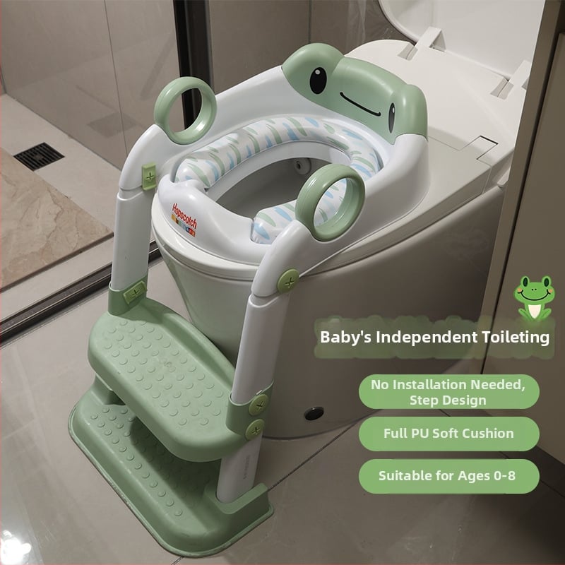 Bērnu tualetes sēdeklis ar kāpņu dizainu, salokāms plaukts un spilventiņa pārklājs (Materiāls: polipropilēns)