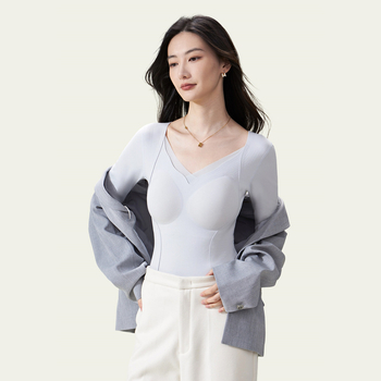 Dlhý rukáv základný vršok s integrovaným výstužou pre poprsie, bezšvový, fleece podšívkou, V-krk, dvojvrstvový