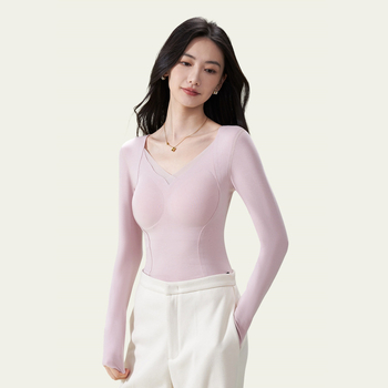 Dlhý rukáv základný vršok s integrovaným výstužou pre poprsie, bezšvový, fleece podšívkou, V-krk, dvojvrstvový