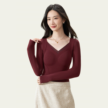 Dlhý rukáv základný vršok s integrovaným výstužou pre poprsie, bezšvový, fleece podšívkou, V-krk, dvojvrstvový