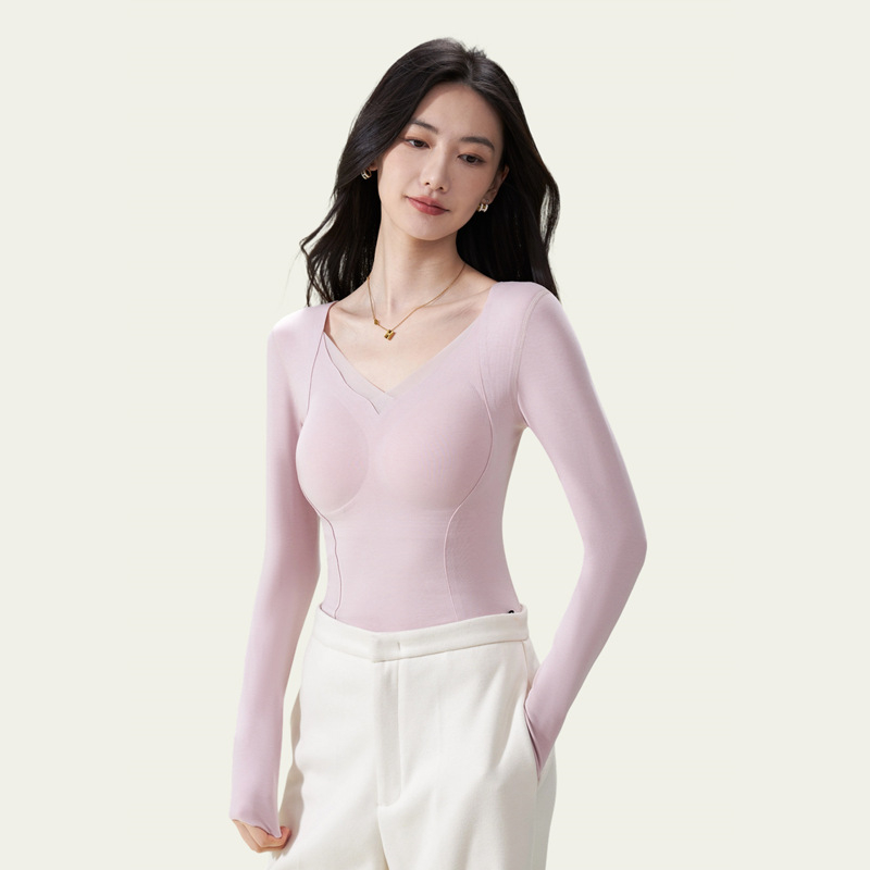 Dlhý rukáv základný vršok s integrovaným výstužou pre poprsie, bezšvový, fleece podšívkou, V-krk, dvojvrstvový