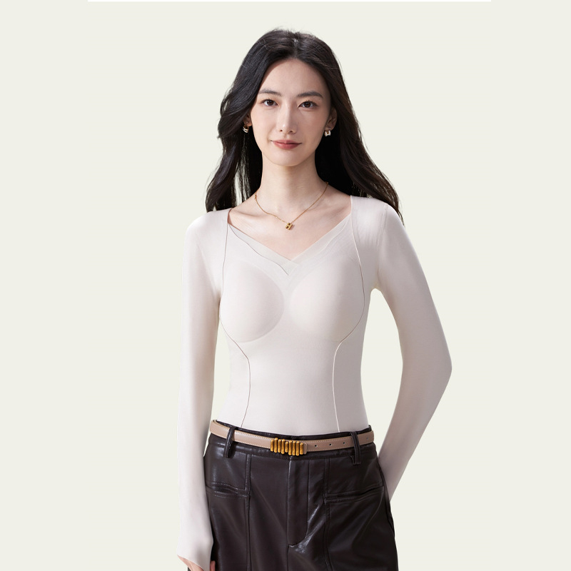 Dlhý rukáv základný vršok s integrovaným výstužou pre poprsie, bezšvový, fleece podšívkou, V-krk, dvojvrstvový