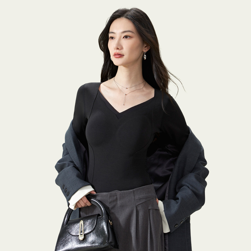 Dlhý rukáv základný vršok s integrovaným výstužou pre poprsie, bezšvový, fleece podšívkou, V-krk, dvojvrstvový