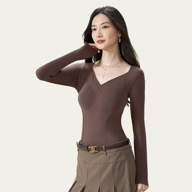 Dlhý rukáv základný vršok s integrovaným výstužou pre poprsie, bezšvový, fleece podšívkou, V-krk, dvojvrstvový