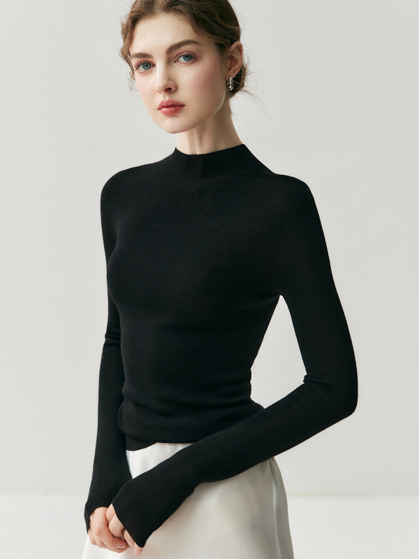 Naiste 100% villane seamless kampsun, poolkõrge kaelaga, peen aluskiht, slim-fit, pikkade varrukatega