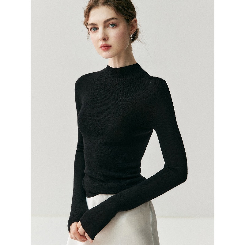 Naiste 100% villane seamless kampsun, poolkõrge kaelaga, peen aluskiht, slim-fit, pikkade varrukatega