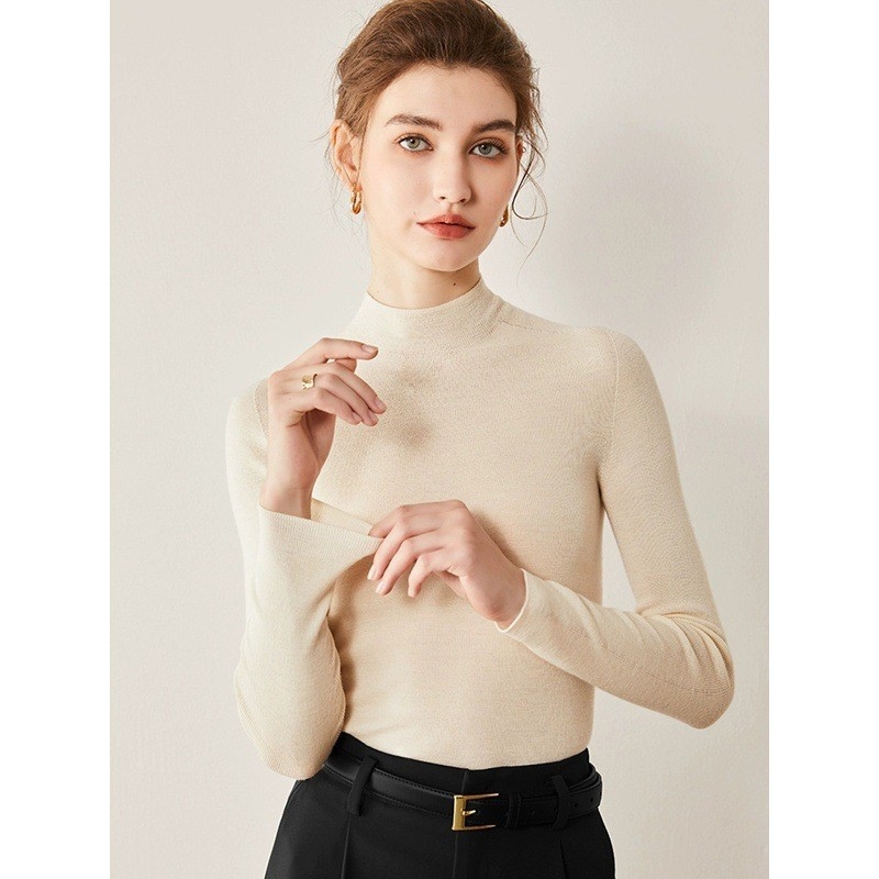 Naiste 100% villane seamless kampsun, poolkõrge kaelaga, peen aluskiht, slim-fit, pikkade varrukatega