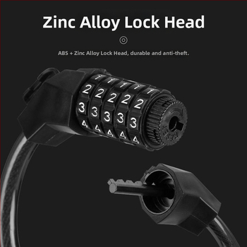 Hordozható 5 számjegyű jelszavas lopás elleni lánc kerékpárokhoz, motorkerékpárokhoz és elektromos rollerekhez | Modell PM1.2 | Anyag: acélkábel + PVC + ABS | Súly: 330 g