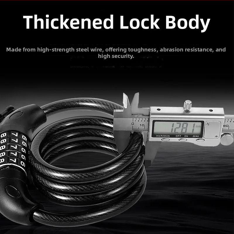 Hordozható 5 számjegyű jelszavas lopás elleni lánc kerékpárokhoz, motorkerékpárokhoz és elektromos rollerekhez | Modell PM1.2 | Anyag: acélkábel + PVC + ABS | Súly: 330 g