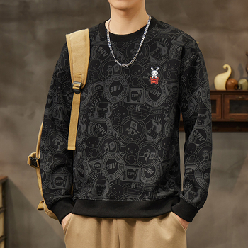 Pánska bavlnená mikina s výšivkou a zvieracím vzorom, voľný strih, dlhé rukávy, okrúhly výstrih