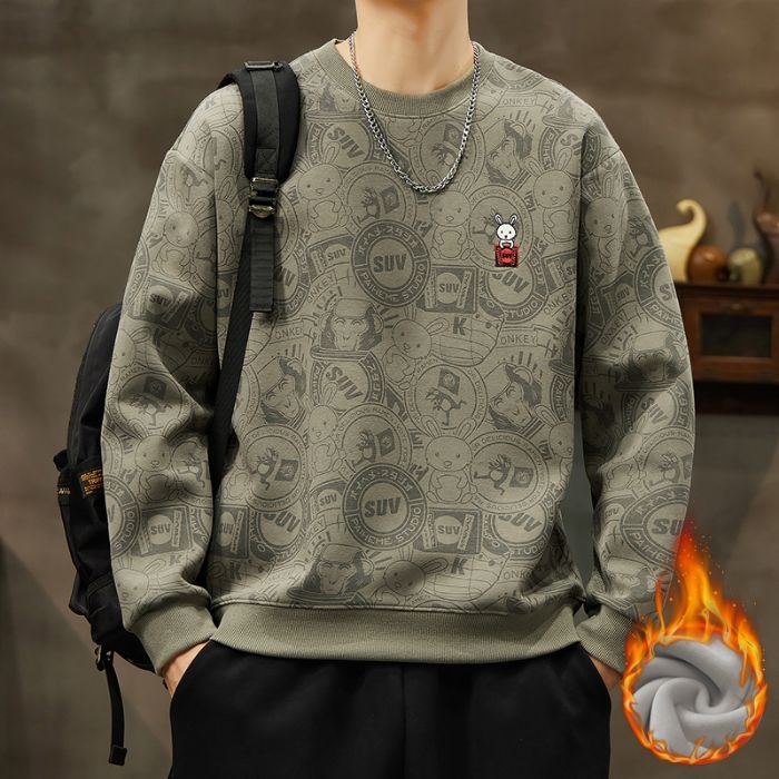 Ανδρικό βαμβακερό πουλόβερ με κέντημα και ζωικό μοτίβο, χαλαρή γραμμή, μακριά μανίκια, στρογγυλός λαιμός