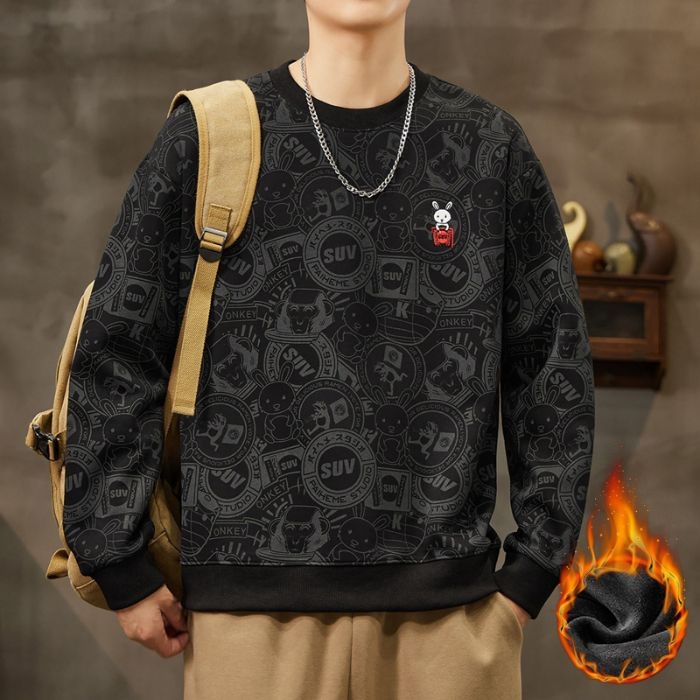 Ανδρικό βαμβακερό πουλόβερ με κέντημα και ζωικό μοτίβο, χαλαρή γραμμή, μακριά μανίκια, στρογγυλός λαιμός