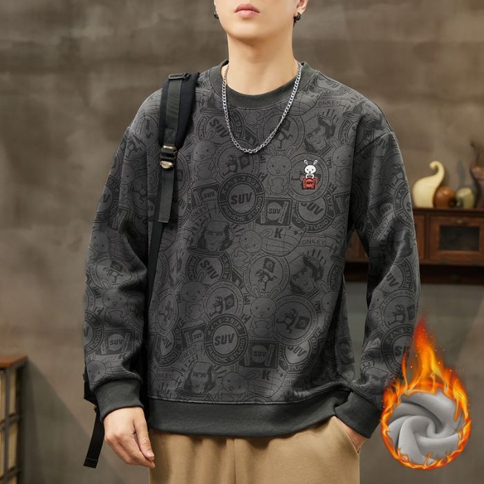 Ανδρικό βαμβακερό πουλόβερ με κέντημα και ζωικό μοτίβο, χαλαρή γραμμή, μακριά μανίκια, στρογγυλός λαιμός