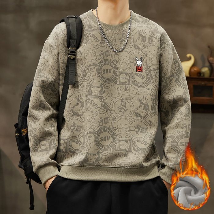 Ανδρικό βαμβακερό πουλόβερ με κέντημα και ζωικό μοτίβο, χαλαρή γραμμή, μακριά μανίκια, στρογγυλός λαιμός