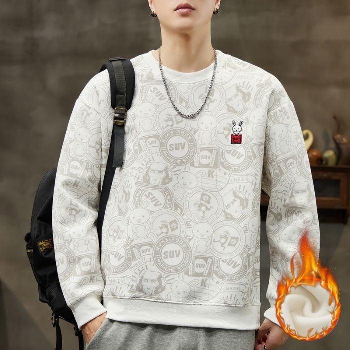 Ανδρικό βαμβακερό πουλόβερ με κέντημα και ζωικό μοτίβο, χαλαρή γραμμή, μακριά μανίκια, στρογγυλός λαιμός