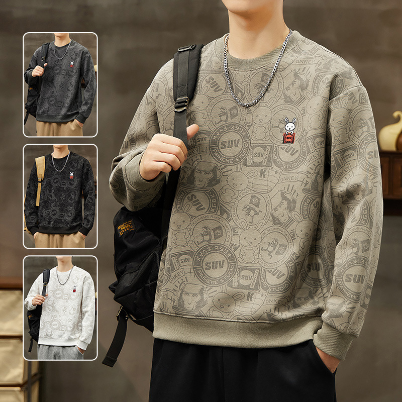 Pánska bavlnená mikina s výšivkou a zvieracím vzorom, voľný strih, dlhé rukávy, okrúhly výstrih