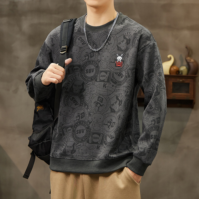 Pánska bavlnená mikina s výšivkou a zvieracím vzorom, voľný strih, dlhé rukávy, okrúhly výstrih