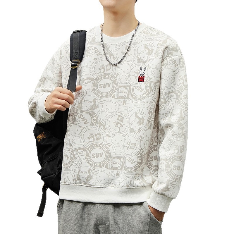 Pánska bavlnená mikina s výšivkou a zvieracím vzorom, voľný strih, dlhé rukávy, okrúhly výstrih