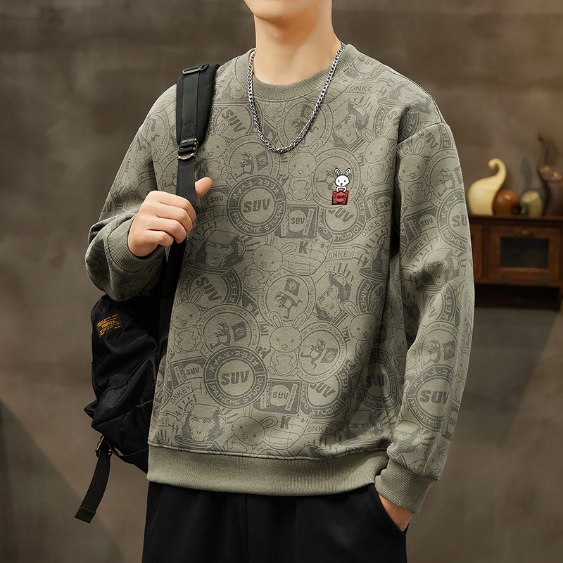 Pánska bavlnená mikina s výšivkou a zvieracím vzorom, voľný strih, dlhé rukávy, okrúhly výstrih