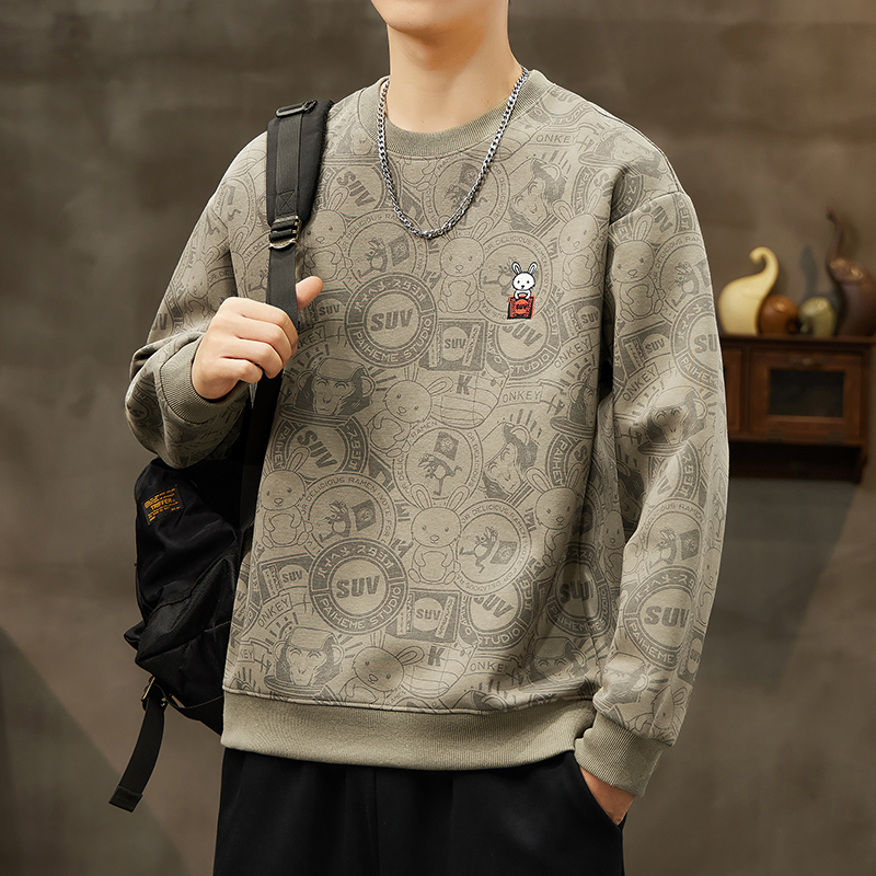 Pánska bavlnená mikina s výšivkou a zvieracím vzorom, voľný strih, dlhé rukávy, okrúhly výstrih