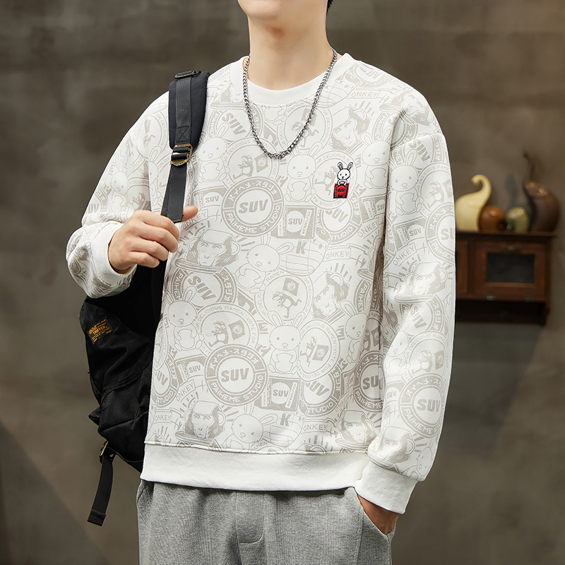 Pánska bavlnená mikina s výšivkou a zvieracím vzorom, voľný strih, dlhé rukávy, okrúhly výstrih