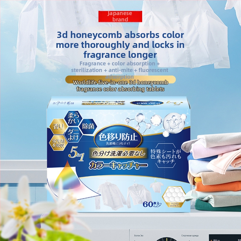 Krāsu uzsūcošs mazgāšanas lapa piecu vienā, piemērota maisījuma audumiem, novērš krāsu pārvietošanos, ar smaržu (WORLD LIFE/And craftsman)