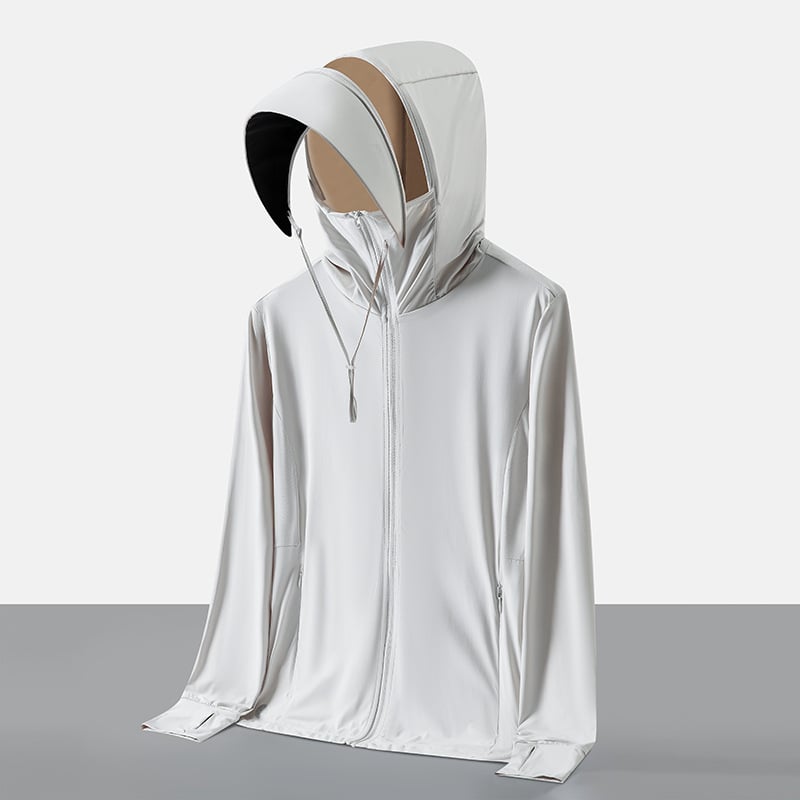 Слънцезащитно качулково яке UPF50+, бързосъхнещо, дишащо, ултралеко плат (180 g сурова прежда, 88% найлон, 12% спандекс)