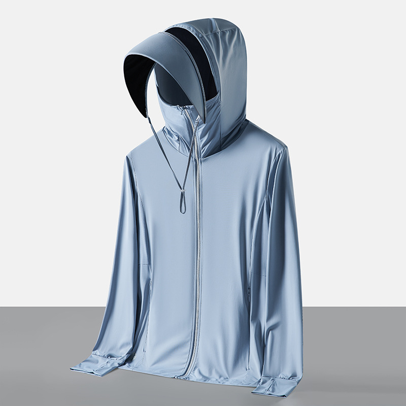 Слънцезащитно качулково яке UPF50+, бързосъхнещо, дишащо, ултралеко плат (180 g сурова прежда, 88% найлон, 12% спандекс)