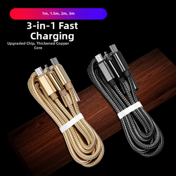 Kabel 3-u-1 za punjenje i prijenos podataka s Lightning, USB-C i Micro USB priključcima – pleteni, duljina 1–2 m, brzo punjenje, max 10 W