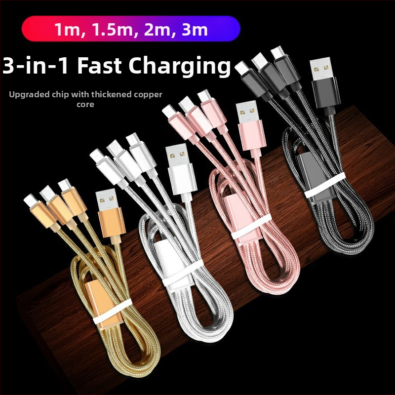 Kabel 3-u-1 za punjenje i prijenos podataka s Lightning, USB-C i Micro USB priključcima – pleteni, duljina 1–2 m, brzo punjenje, max 10 W