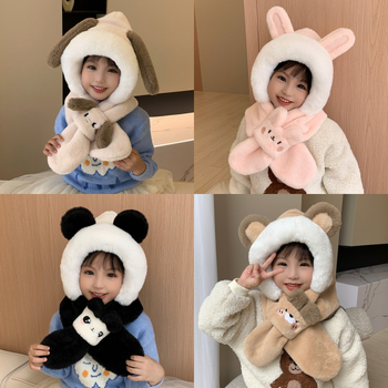 Zimný dvojdielny set detskej čiapky: čiapka z umelej zajacej srsti s kupolovitou korunou a šál/tvárová maska, bez okraja, proti vetru, pre vek 1–6 rokov