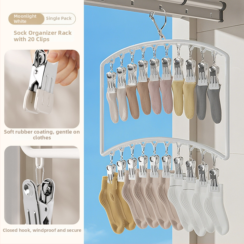 Sušiak na ponožky s viacerými klipsami – plastový vešiak, odolný voči vetru, na domáce aj balkónové použitie.